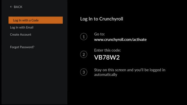 Crunchyroll activate code on tv